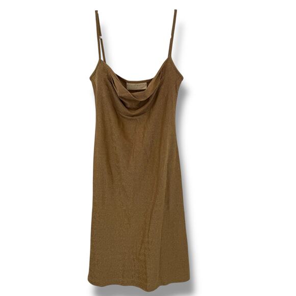 Karen Millen Gold Shimmer Mini Dress Size Small Draped Scoop Neck Stretchy Party - Picture 2 of 10